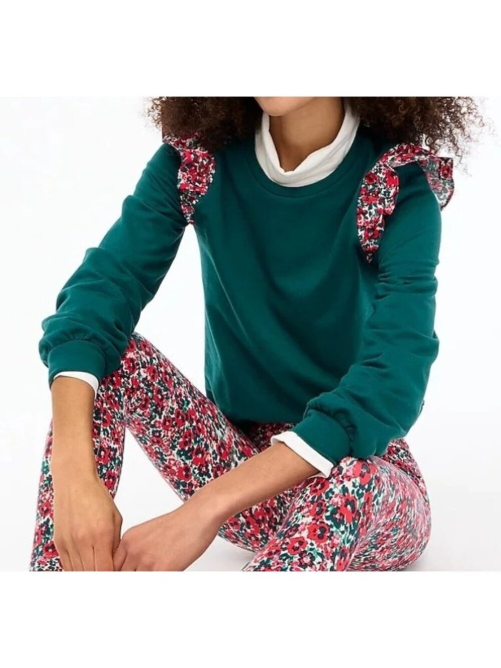 J.Crew Size XL Emerald Green Floral Ruffle Shoulder Long Sleeve Sweatshirt Top